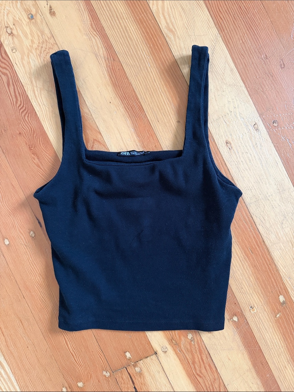 Zara Square Neck Rib Knit Black Tank Top Medium
